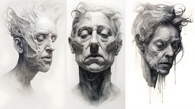 tres retratos diferentes de un hombre con el pelo ondeando al viento IA generativa