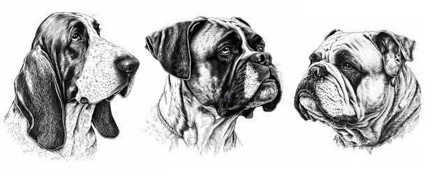 Foto tres retratos realistas con lápiz o tinta de las razas de perros basset hound boxer y bulldog inglés