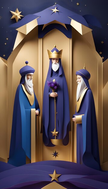 Foto los tres reyes sabios en una representación multicapa en oro y azul