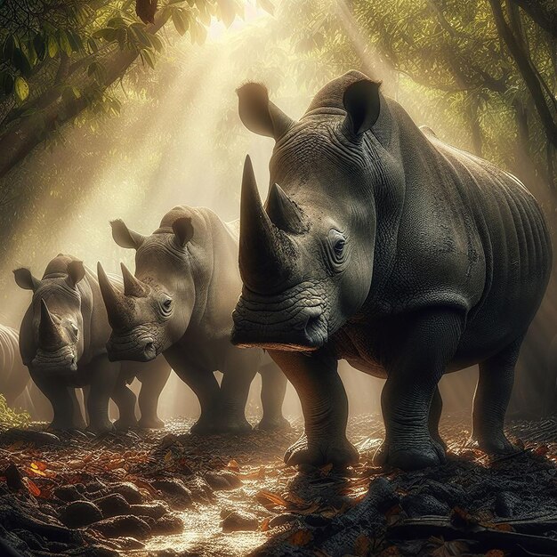 tres rinocerontes están de pie en el bosque con el sol brillando a través de los árboles