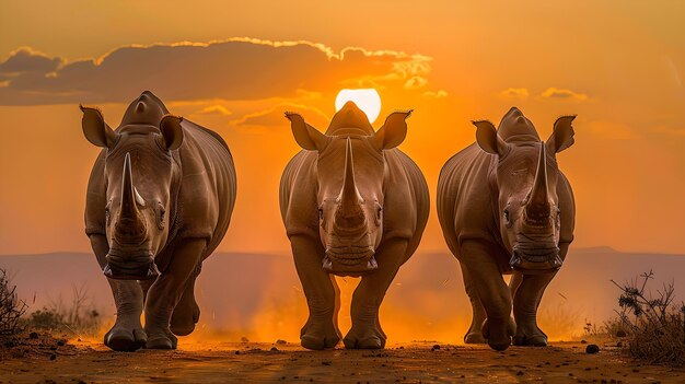 Três rinocerontes majestosos iluminados pelo pôr-do-sol numa paisagem serena Fotografia cativante de vida selvagem Perfeita para projetos relacionados com a natureza IA