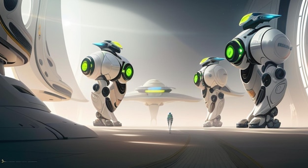 Tres robots están en un espacio con uno de ellos tiene una luz verde en la parte superior.