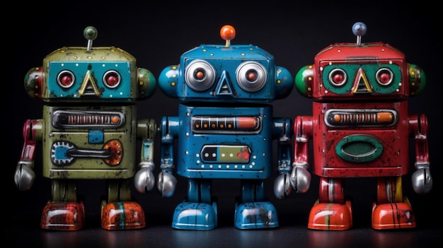 Tres robots están parados en fila, uno de los cuales es azul y el otro es azul.