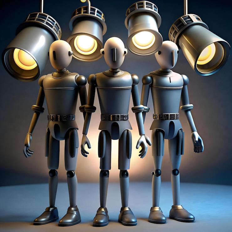 Foto tres robots futuristas están bajo los focos brillantes mostrando sus diseños elegantes y robóticos