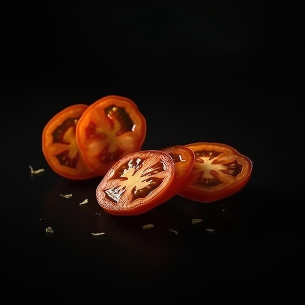 Tres rodajas de tomate están sobre un fondo negro.