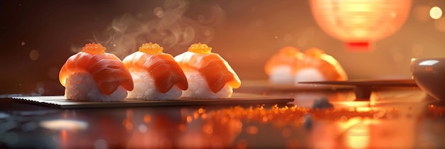 Foto tres rollos de sushi con una salsa roja en la parte superior