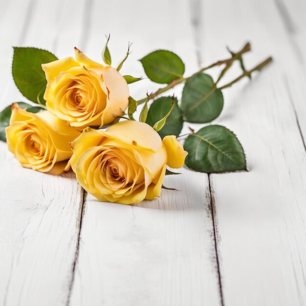 Tres rosas amarillas sobre un fondo de madera blanca Tarjeta de felicitación romántica para el Día de San Valentín