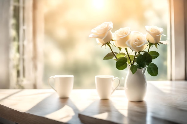 tres rosas blancas están en una mesa con tazas de té y un jarrón de rosas