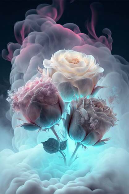 Tres rosas blancas en una nube de humo generativo ai