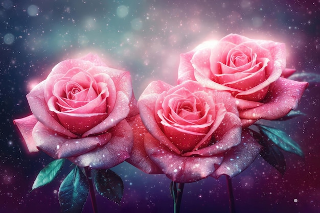 Três rosas cor-de-rosa são mostradas sob a IA generativa de luzes estelares cor-de-rosa