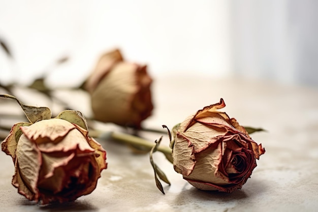 Foto tres rosas muertas sobre una mesa