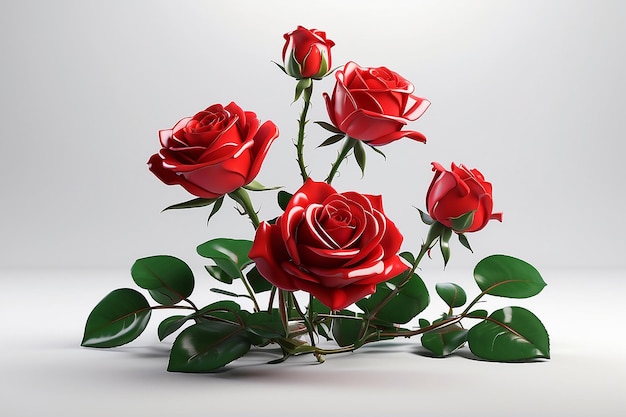 Tres rosas rojas con tallo sobre fondo blanco