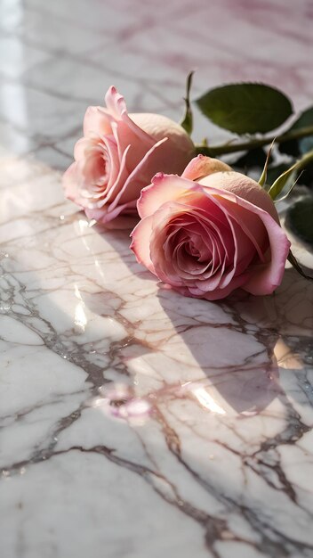 Foto tres rosas rosas en una mesa de mármol