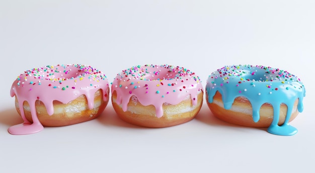 Tres rosquillas coloridas con glaseado y salpicaduras en un fondo pastel que exhiben un atractivo lúdico y apetitoso