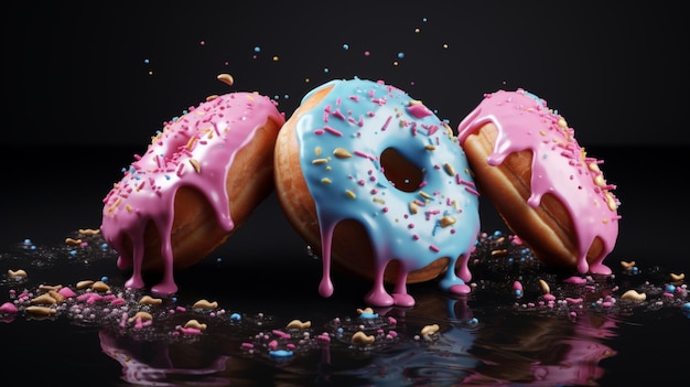 Tres rosquillas coloridas con glaseado y salpicaduras mostradas contra un fondo oscuro que crean una imagen simétrica reflectante