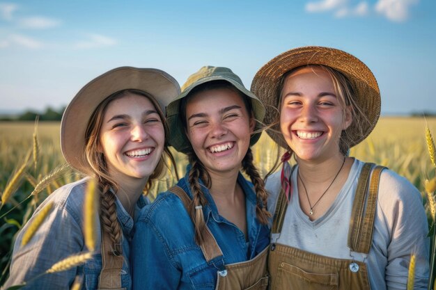 Três rostos alegres de jovens agricultoras europeias