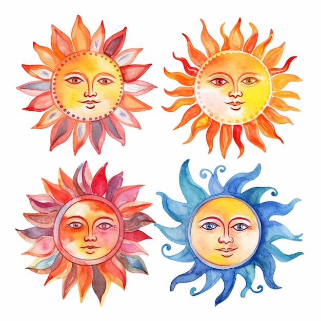 três rostos de sol pintados em aquarela sobre um fundo branco ai generativo