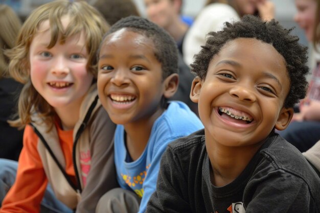 Tres rostros de niños radiantes de felicidad mientras participan en un taller