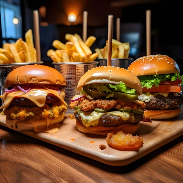 Tres sabrosas hamburguesas en una bandeja de madera junto con papas fritas