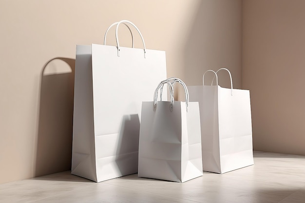 Três sacos de compras de papel branco em branco no fundo de uma parede bege com sombras simulando renderização 3D