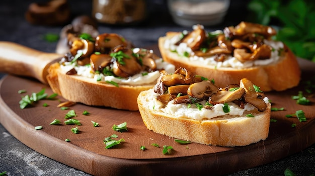 Três sanduíches de baguete em uma tábua de madeira com salsa picada por cima