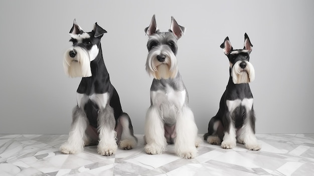 Tres schnauzers rizen sobre un fondo minimalista IA generativa