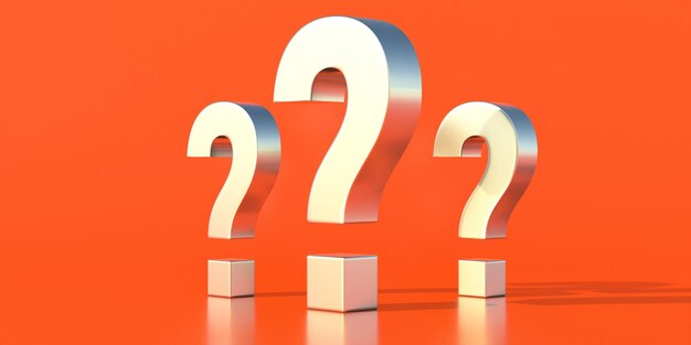 Tres signos de interrogación grises en la ilustración 3d de fondo de pared de color naranja