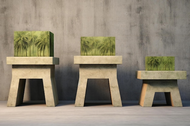 Tres sillas de madera con plantas verdes en el fondo de la pared de hormigón