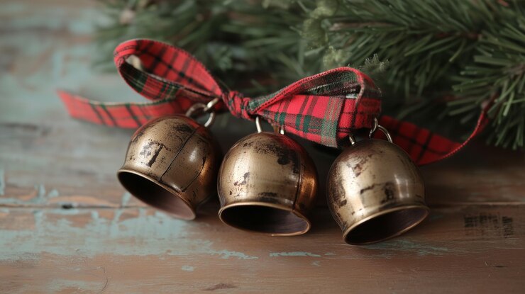 Foto três sinos de jingle de ouro antigos amarrados com uma fita de quadros festiva em fundo de madeira rústica com galhos perenes