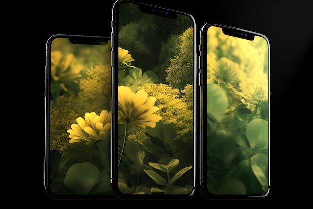 Três smartphones com fundo verde e flores amarelas neles