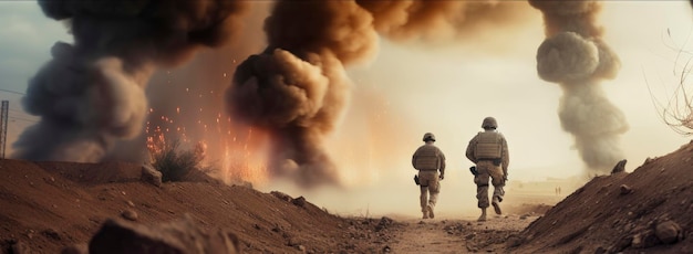 Tres soldados caminando en un desierto con humo de fondo