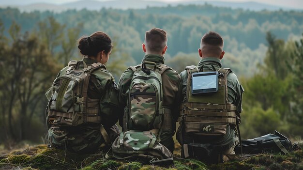 Foto tres soldados están tomando un descanso durante su patrulla están sentados en la cima de una colina y mirando la vista