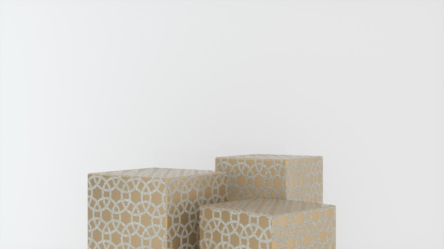 Tres soportes de patrón dorado vacíos y fondo de geometría blanca abstracta Foto Premium