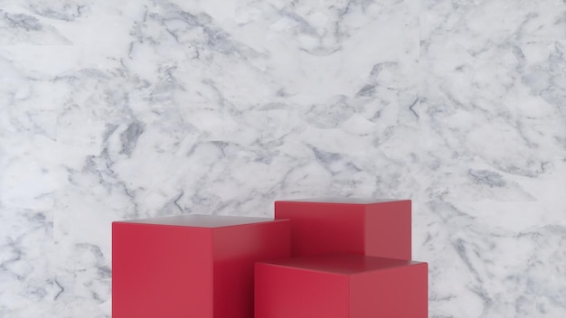 Tres soportes rojos vacíos y fondo abstracto de geometría de mármol Foto Premium
