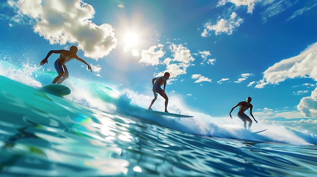 Três surfistas cavalgam as ondas sob o sol brilhante o céu azul é pontilhado por nuvens brancas e a água é cristalina