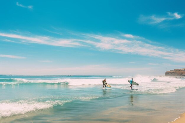 Foto tres surfistas están surfeando en el océano con uno de ellos sosteniendo una tabla de surf