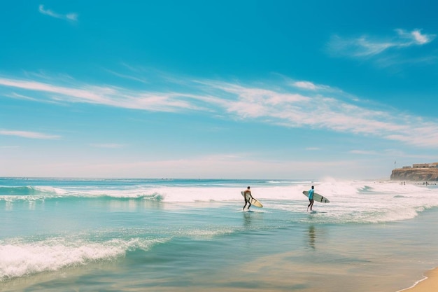 Foto três surfistas estão surfando no oceano com um deles segurando uma prancha de surf