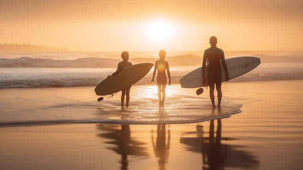 Tres surfistas se paran en el agua al atardecer en la playa.