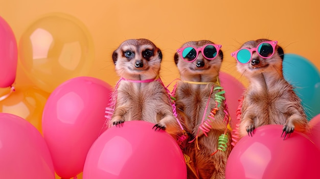 Foto tres suricatas de cervo con gafas de sol se sientan en globos rosados
