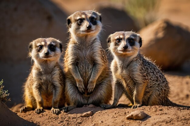 Foto três suricatas em um monte em seu habitat