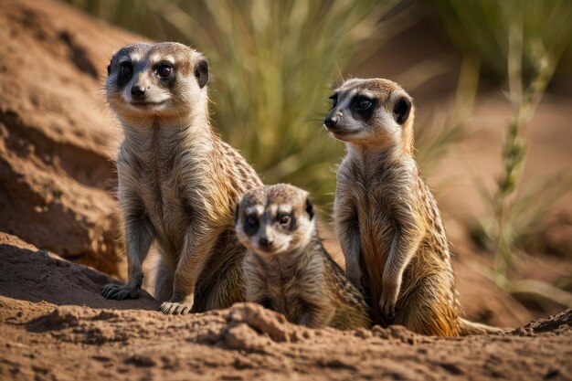 Foto três suricatas em um monte em seu habitat