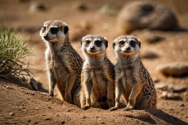 Foto três suricatas em um monte em seu habitat