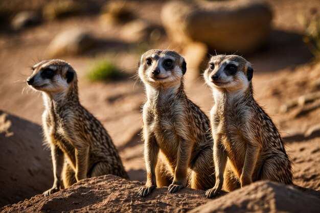 Foto três suricatas em um monte em seu habitat