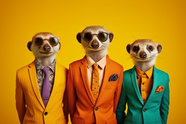 Tres suricatas vestidas con traje y gafas de sol se paran en fila.