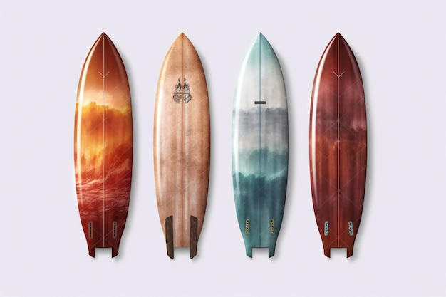 tres tablas de surf están alineadas contra un fondo blanco generativo ai