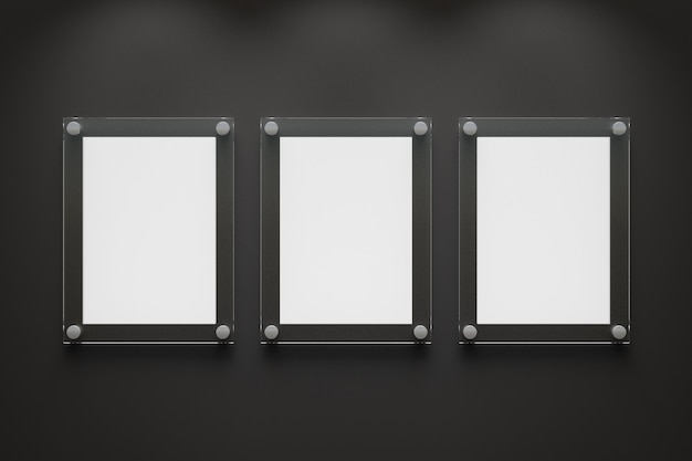 Foto tres tableros de acrílico transparente en blanco sobre fondo oscuro. ilustración de renderizado 3d