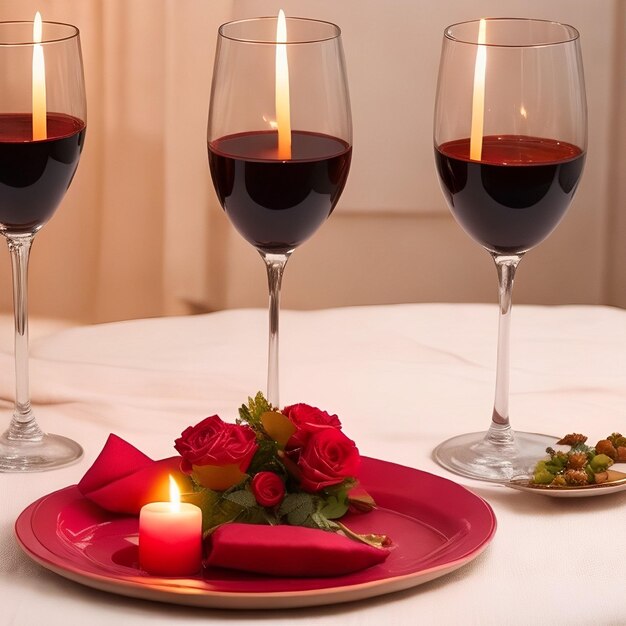 Três taças de vinho com uma vela na mesa, uma ao lado da outra.