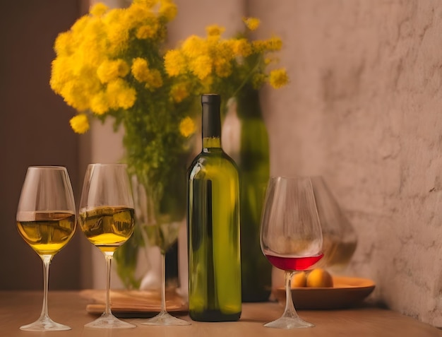 Três taças de vinho estão sobre uma mesa com uma garrafa de vinho e duas taças de vinho.