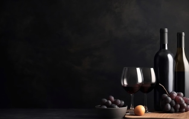 Três taças de vinho estão sobre uma mesa com uma tigela de uvas.