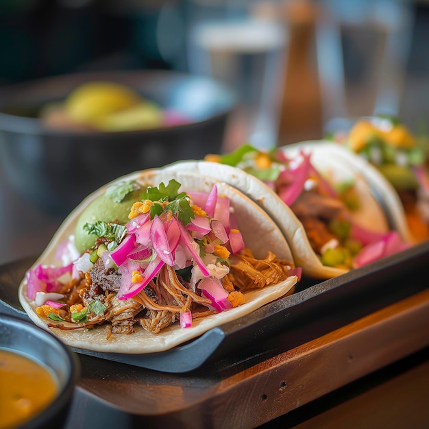 Foto tres tacos en una bandeja con un plato de salsa